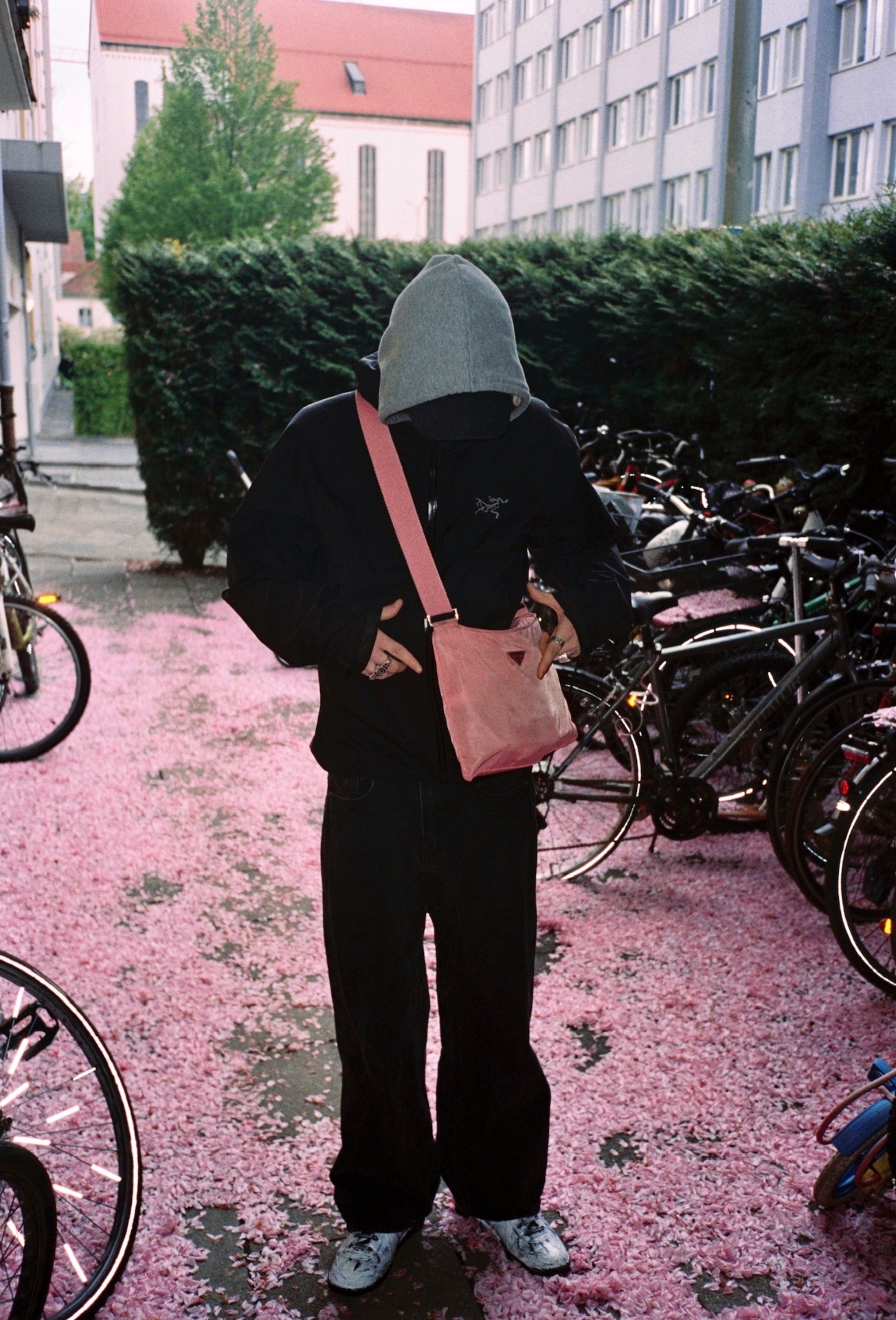 Hooded figure standing among bicycles on ground covered in pink blossom